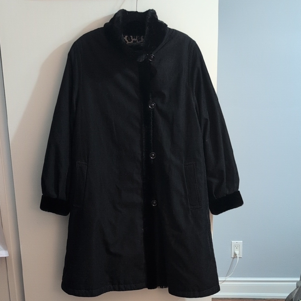 Women's Black Fur-Trimmed Coat, Reversible With Pattern